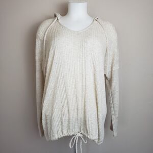Sunday Womens Linen Blend Knit Ivory Heathered Hoodie Lounge‎ Drawstring Waist M